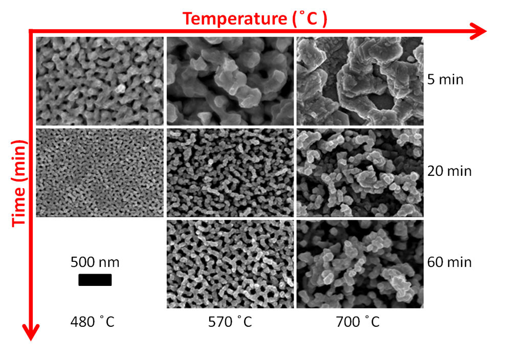 Using helium plasma exposure the metal surface can become quickly and spontaneously nanostructured. We can control the size of the nanostructuring via time and temperature of the substrate.