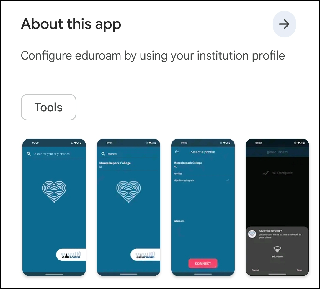 about geteduroam in Playstore (Android)