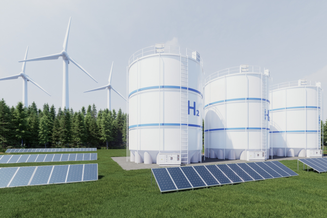 Hydrogen energy storage gas tank for clean electricity solar and wind turbine facility- 3D rendering, credits: Shutterstock