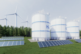 Hydrogen energy storage gas tank for clean electricity solar and wind turbine facility- 3D rendering, credits: Shutterstock