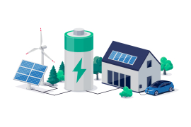 Home virtual battery energy storage with house photovoltaic solar panels plant, wind and rechargeable li-ion electricity backup