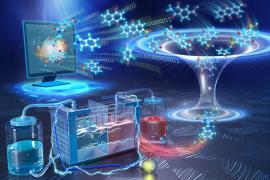 Artist's impression of DIFFER's research on 31,618 molecules with potential for energy storage in redox flow batteries. The researchers used artificial intelligence and quantum chemical methods on supercomputers to predict approximately 300 properties per molecule. (c) DIFFER/Süleyman Er