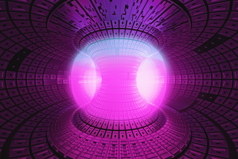 Futuristic illustration of glowing purple superheated plasma inside the toroidal chamber of a tokamak nuclear fusion reactor