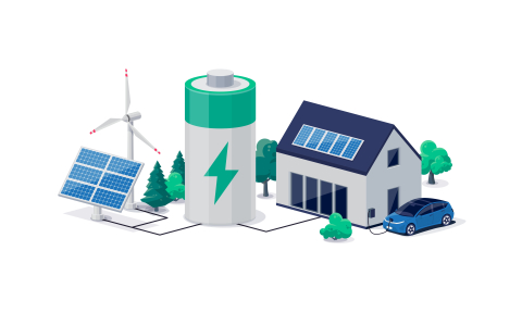 Home virtual battery energy storage with house photovoltaic solar panels plant, wind and rechargeable li-ion electricity backup